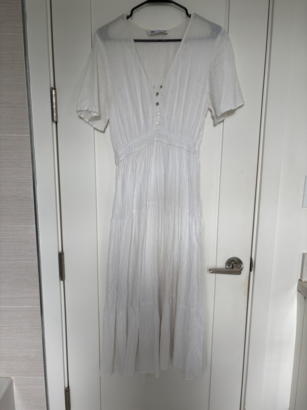 Zara White V-Neck Short Sleeve Maxi Dress